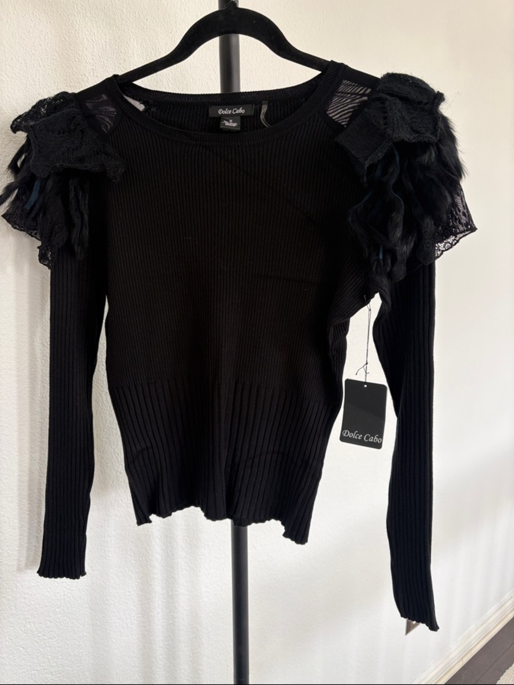 Dolce Cabo Black Sweater with lace and Fur NWT Size M